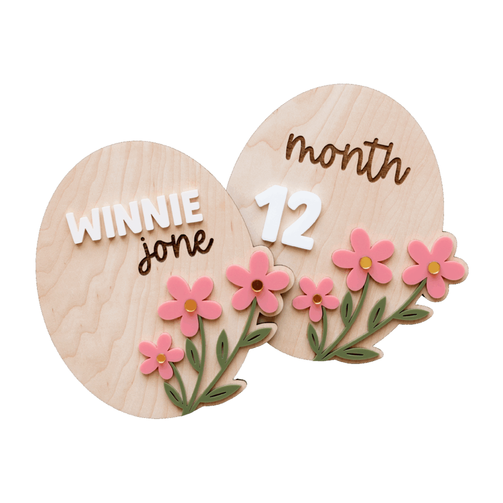 Laser cut wooden baby sign with acrylic 3D florals by Made of Embers