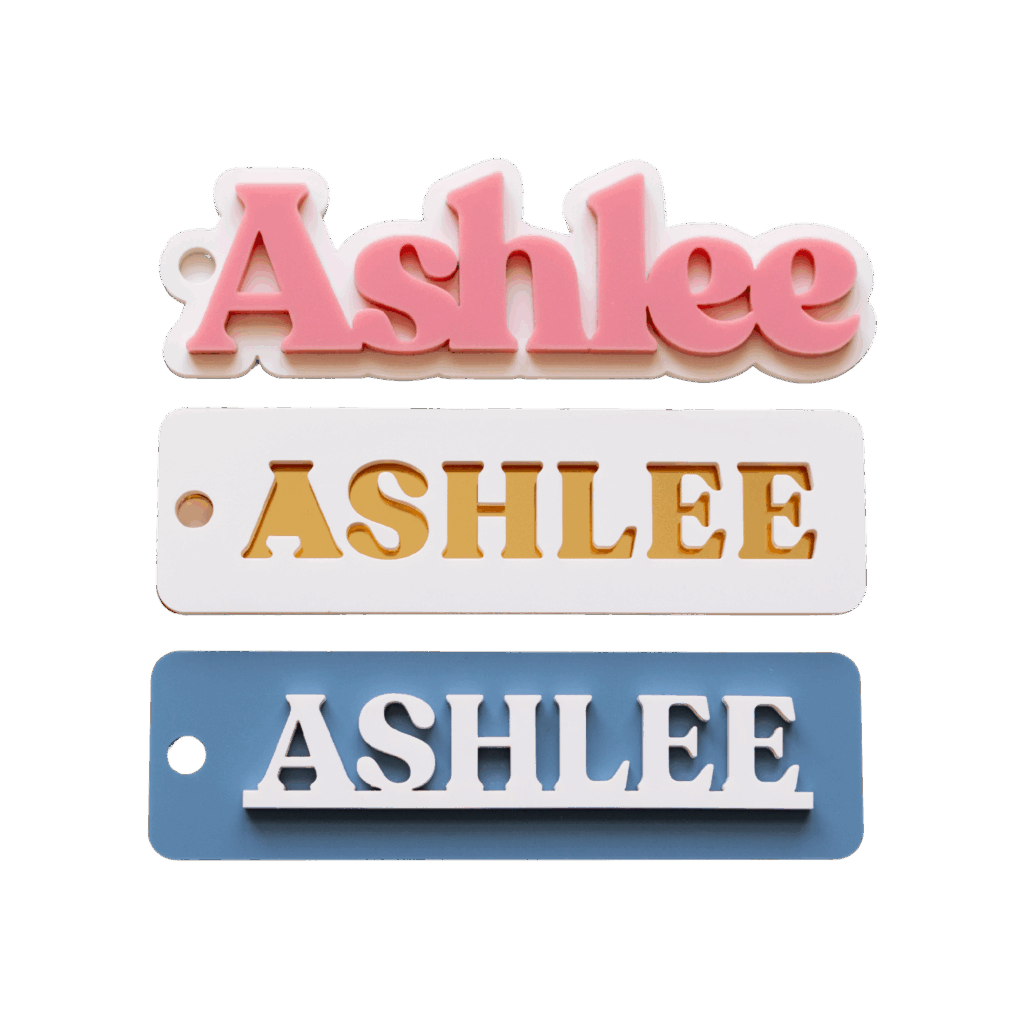 Laser cut acrylic name keychains by Made of Embers
