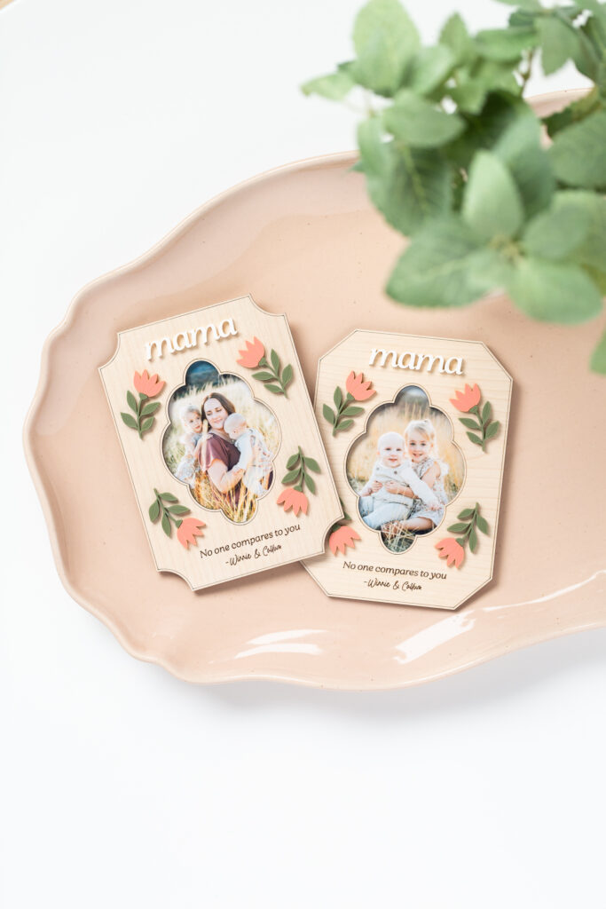 Laser cut wooden frame with acrylic florals, engraved text and 3D elements for Mothers Day by Made of Embers