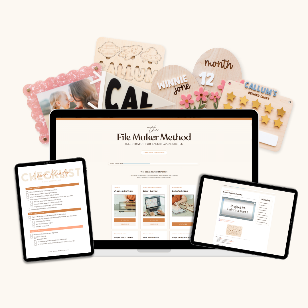 Mockup of some of the digital goods included in the File Maker Method Course by Made of Embers