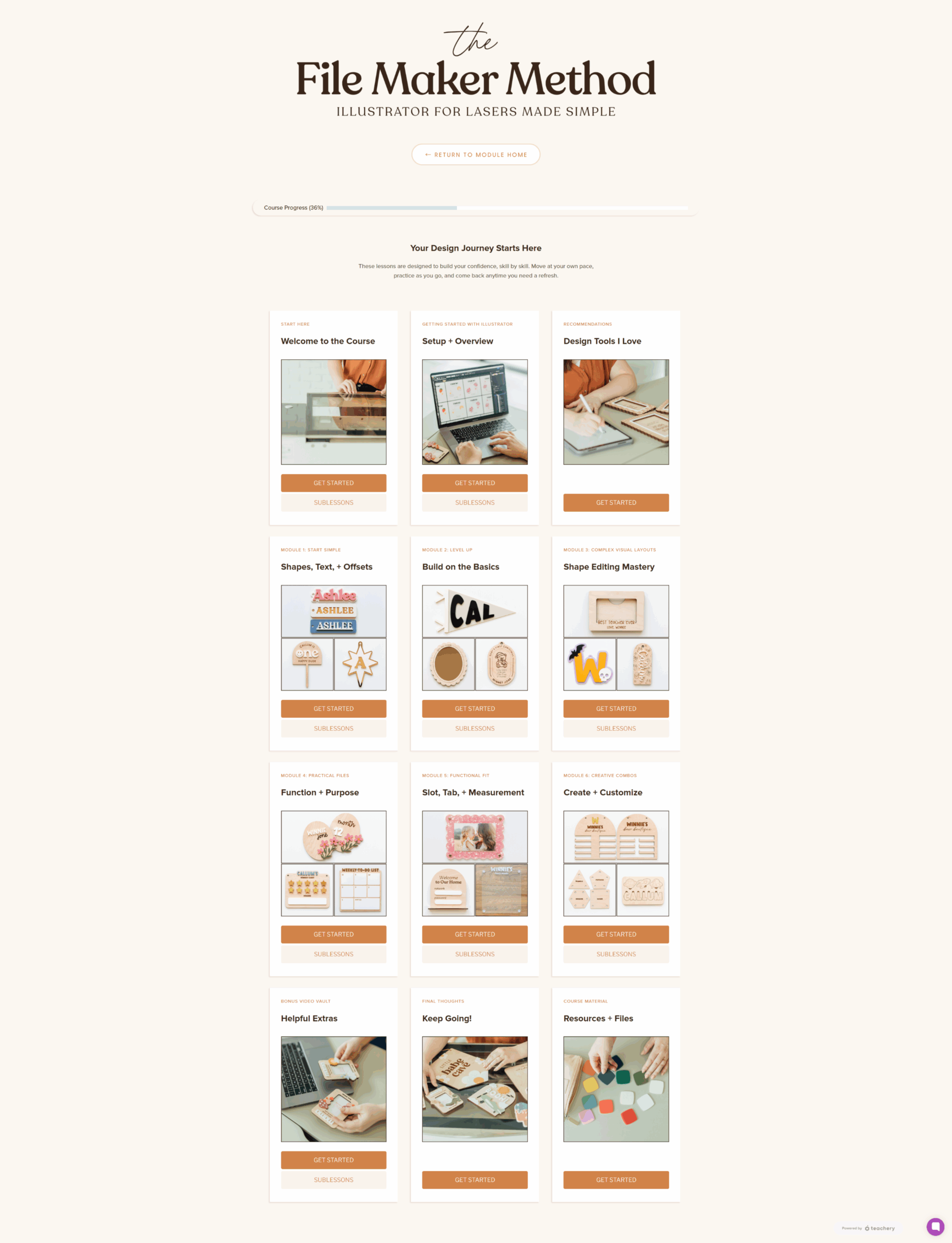 Screenshot of what the homepage of the File Maker Method course looks like
