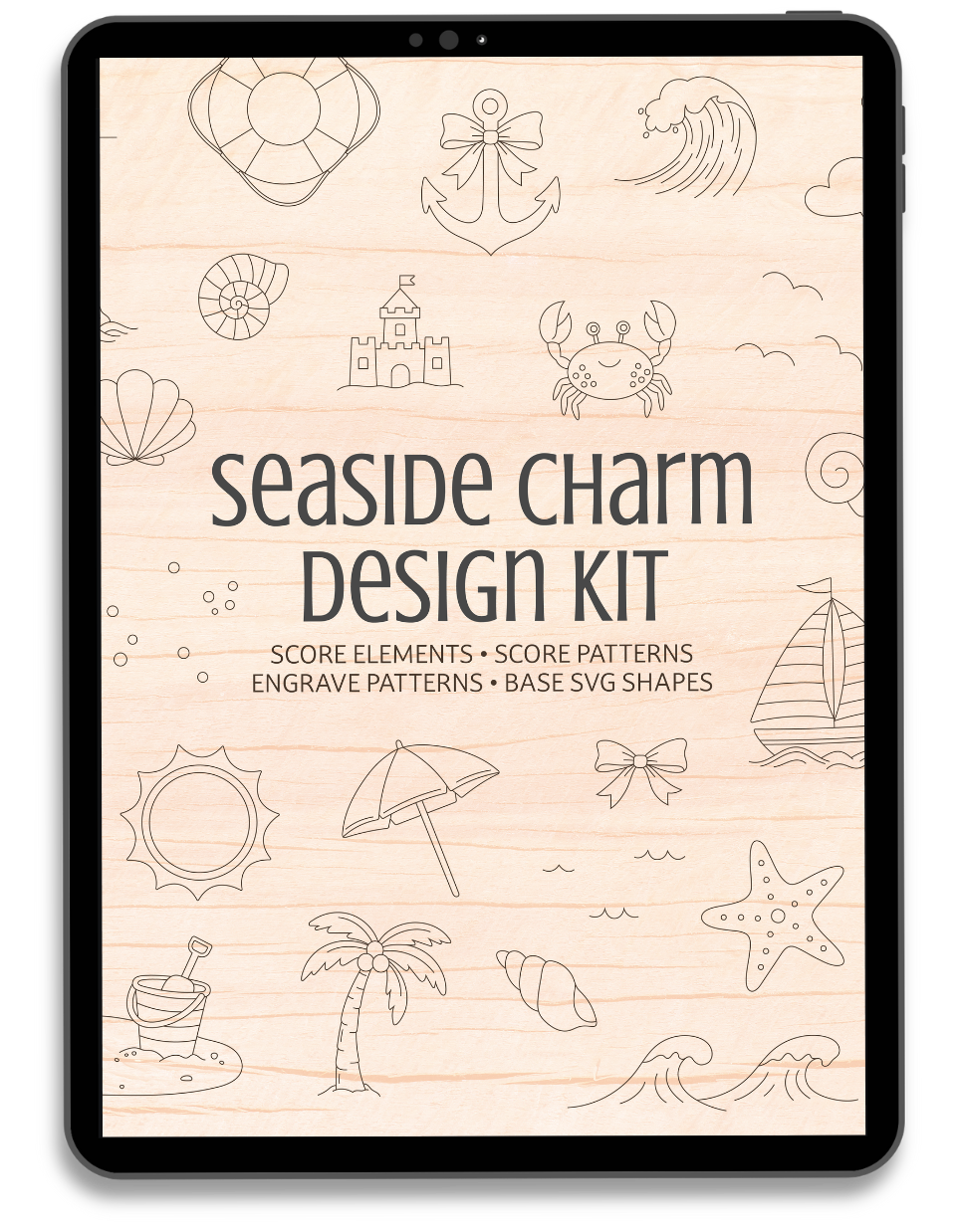 An iPad mockup graphic with text that reads "Seaside Charm Design Kit" and shows examples of artwork available in the Collection Builder Workshop